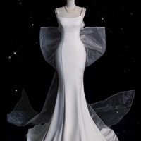 Luxury Elegant Ivory Mermaid Satin Wedding Dress - Satin Spaghetti Straps Fitted Wedding Dress - Satin Bridal Gown with Removable Bow - Thumbnail 2