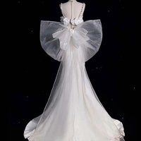 Luxury Elegant Ivory Mermaid Satin Wedding Dress - Satin Spaghetti Straps Fitted Wedding Dress - Satin Bridal Gown with Removable Bow - Thumbnail 1