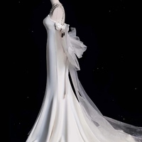 Luxury Elegant Ivory Mermaid Satin Wedding Dress - Satin Spaghetti Straps Fitted Wedding Dress - Satin Bridal Gown with Removable Bow - Thumbnail 3