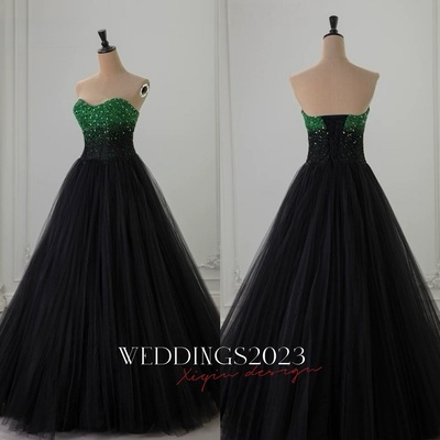 Black Formal Strapless Tulle Prom Dress,Green and Balck Beaded prom dress ,Wedding Dress,Birthday Ball Gown,Graduation Dress,Evening Formal Dress,Dres