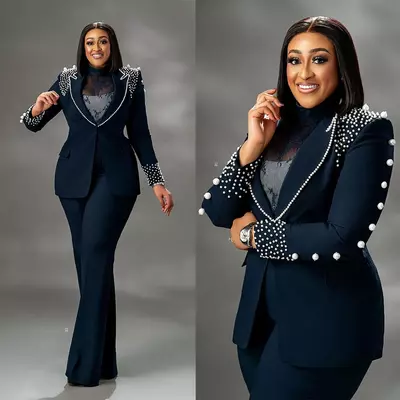 Plus Size Women's Party Outfits - Slim Fit Blazer Top & Pants Set with Pearl Details | Custom Made 2-Piece Fashion Suit