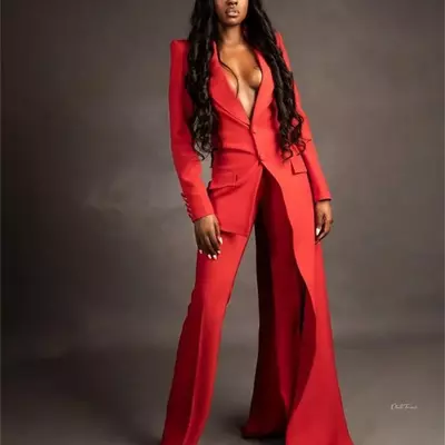 Red women suits set 2 pieces super long blazer wide leg pants custom made fashion office lady floor length party prom dress
