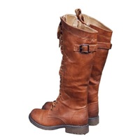 Women's low heel belt buckle lace-up knight boots high boots  - Thumbnail 1
