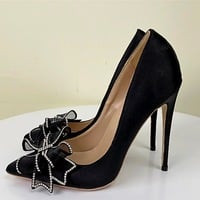 12cm black satin bow rhinestone high heels - Thumbnail 3