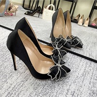 12cm black satin bow rhinestone high heels - Thumbnail 1