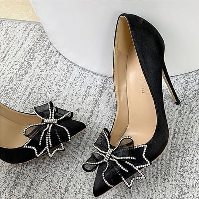 12cm black satin bow rhinestone high heels