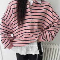 Lapel Color Block Striped Polo Sweatshirt - Thumbnail 1