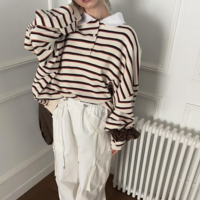 Lapel Color Block Striped Polo Sweatshirt - Thumbnail 2