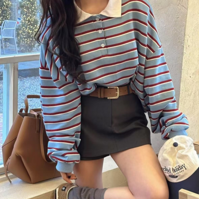 Lapel color block striped polo sweatshirt
