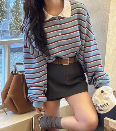 Lapel Color Block Striped Polo Sweatshirt