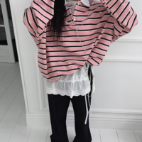 Lapel Color Block Striped Polo Sweatshirt - Thumbnail 4