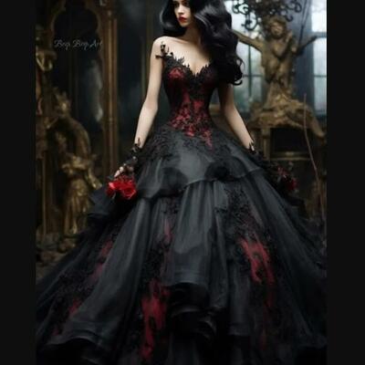 Black and red gothic prom dresses ruffle tiered ball gown long evening gowns lace appliques sweetheart sleeveless vintage special ocn dress