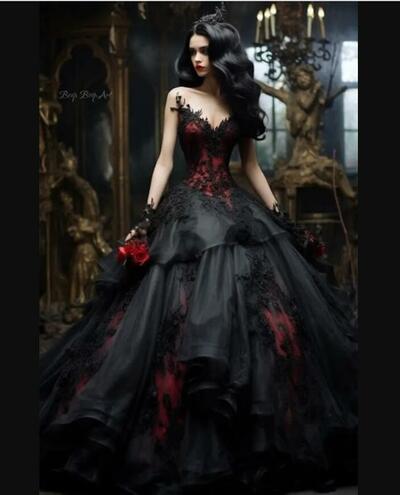 Black And Red Gothic Prom Dresses Ruffle Tiered Ball Gown Long Evening Gowns Lace Appliques Sweetheart Sleeveless Vintage Special Ocn Dress