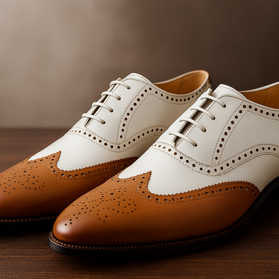   men’s two-tone leather wingtip oxford dress shoes brown & white brogues for formal & vintage style  