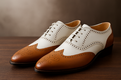   Men’s Two-Tone Leather Wingtip Oxford Dress Shoes Brown & White Brogues for Formal & Vintage Style  