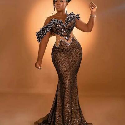 Mermaid dress: brown beaded evening gown - sexy formal party, reception, engagement