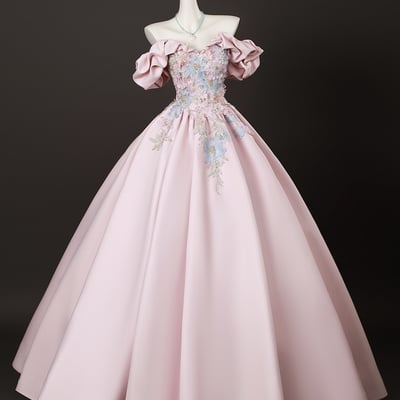 Pink satin lace long prom dress, a-line off the shoulder party dress - Thumbnail 1