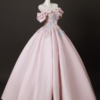 Pink Satin Lace Long Prom Dress, A-Line Off the Shoulder Party Dress - Thumbnail 1