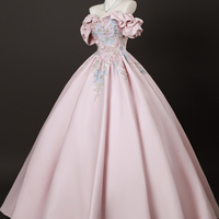 Pink Satin Lace Long Prom Dress, A-Line Off the Shoulder Party Dress - Thumbnail 2