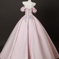 Pink Satin Lace Long Prom Dress, A-Line Off the Shoulder Party Dress - Thumbnail 3