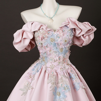 Pink Satin Lace Long Prom Dress, A-Line Off the Shoulder Party Dress - Thumbnail 4