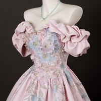 Pink Satin Lace Long Prom Dress, A-Line Off the Shoulder Party Dress - Thumbnail 5