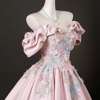 Pink Satin Lace Long Prom Dress, A-Line Off the Shoulder Party Dress - Thumbnail 7