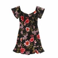 Fashionable and simple flying sleeve floral slim short sleeve dress - Thumbnail 1