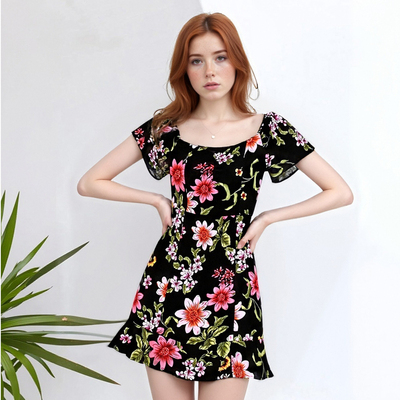Fashionable and simple flying sleeve floral slim short sleeve dress