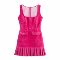 Simple retro style square neck hem pleated dress - Thumbnail 2