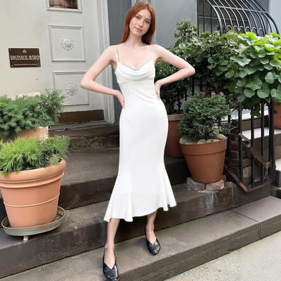 Simple pearl embellished suspender fishtail skirt