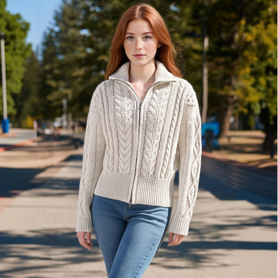 Zippered high-end stand-up collar cable knit cardigan