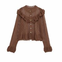 Long-sleeved knitted top with ruffled trim and hollow lace - Thumbnail 1