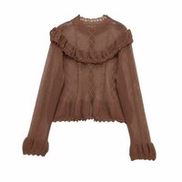 Long-sleeved knitted top with ruffled trim and hollow lace - Thumbnail 2