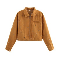 Vintage studded suede jacket coat street style lapel long sleeve loose top - Thumbnail 1