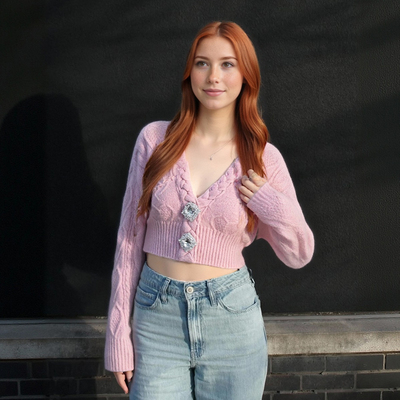 Sweet rhinestone slim v-neck cropped sweater