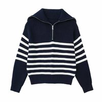 Fashion loose half-zip lapel loose pullover striped sweater cardigan - Thumbnail 1