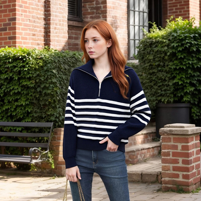 Fashion loose half-zip lapel loose pullover striped sweater cardigan