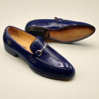 Crafted Leather Handmade Men Blue Leather Moccasin Loafers Dress Shoes - Thumbnail 1