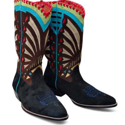 Crafted leather handmade men dress shoes black suede leather fancy cowboy boot - Thumbnail 1