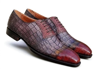 Crafted Leather Gray Red Crocodile Texture Oxford Dress Shoes