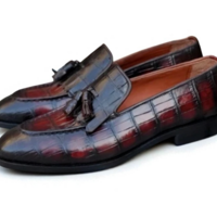 Crafted Leather Classic Handmade Burgundy Patina Crocodile Tassel Loafers Dress Shoes - Thumbnail 1