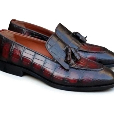 Crafted leather classic handmade burgundy patina crocodile tassel loafers dress shoes - Thumbnail 1