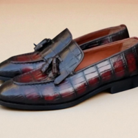 Crafted Leather Classic Handmade Burgundy Patina Crocodile Tassel Loafers Dress Shoes - Thumbnail 2