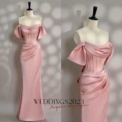 Pink dress - Long Satin dress - Party Dress - Cold Shoulder Dress - Bridesmades Dress - Gift For Her - Engagement Dress