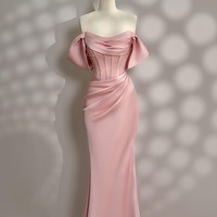 Pink dress - Long Satin dress - Party Dress - Cold Shoulder Dress - Bridesmades Dress - Gift For Her - Engagement Dress - Thumbnail 4