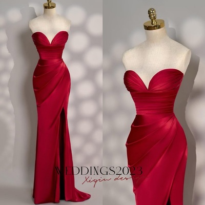 Red dress - long satin dress - party dress - cold shoulder dress - bridesmades dress - gift for her - christmas dress 