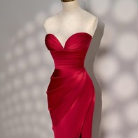 Red Dress - Long Satin dress - Party Dress - Cold Shoulder Dress - Bridesmades Dress - Gift For Her - Christmas Dress  - Thumbnail 3