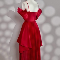 Red Satin Maxi Dress with Rhinestone Detail, Silk Spaghetti Strap Dress for Prom, Grad Party, Cocktail, Birthday or Evening Event - Thumbnail 3