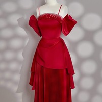 Red Satin Maxi Dress with Rhinestone Detail, Silk Spaghetti Strap Dress for Prom, Grad Party, Cocktail, Birthday or Evening Event - Thumbnail 4